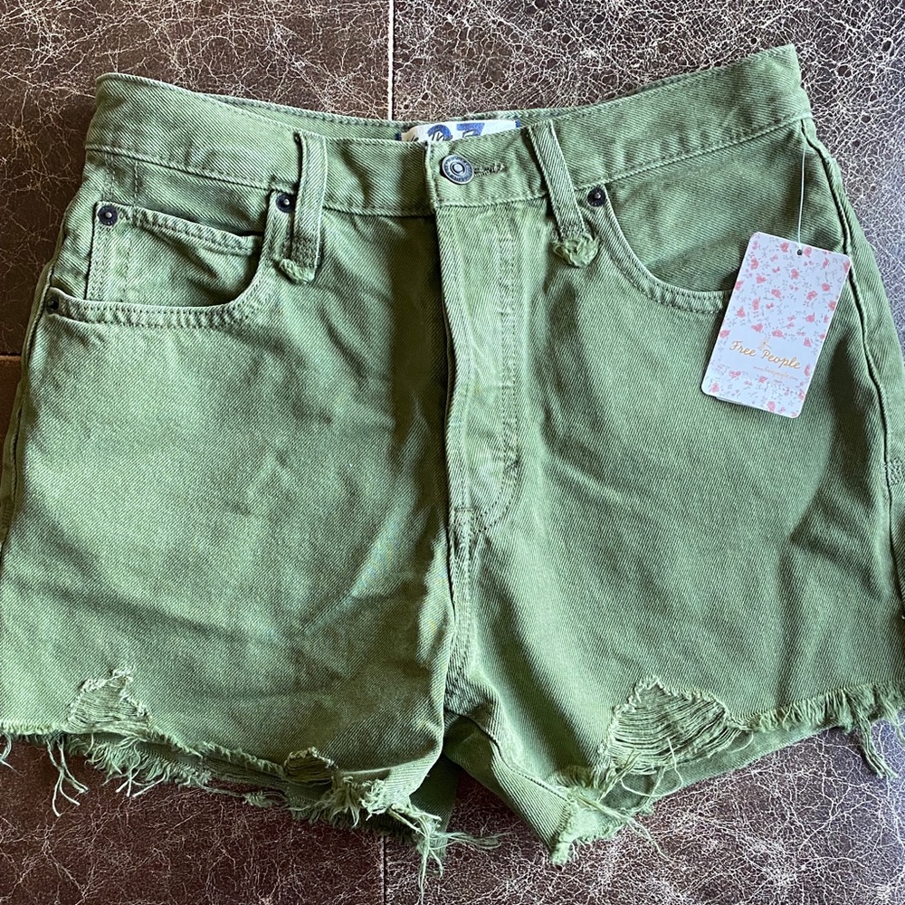 Free People Green Distressed Jean Shorts